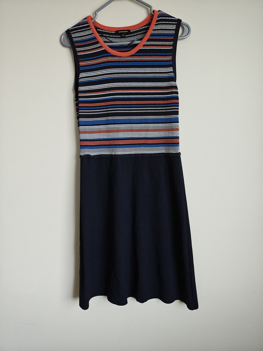 Striped Knit Bodice Navy Midi Dress - Coral Trim